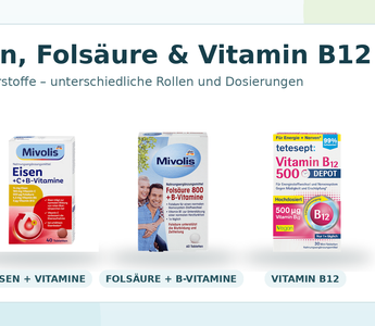 Mivolis Eisen, Mivolis Folsäure 800 und tetesept Vitamin B12 Depot im Vergleich