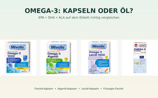 Vier Omega-3-Produkte im Vergleich: Fischöl-, Algenöl- und Leinölkapseln sowie flüssiges Fischöl