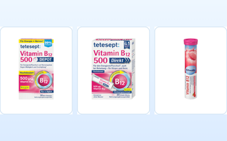 tetesept Vitamin B12 Depot, tetesept Vitamin B12 Direkt Sticks und Mivolis Vitamin B12 Brausetabletten im Vergleich