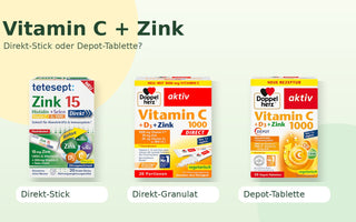 tetesept Zink 15 Direkt sowie Doppelherz Vitamin C 1000 DIRECT und DEPOT im Vergleich