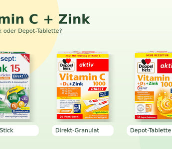 tetesept Zink 15 Direkt sowie Doppelherz Vitamin C 1000 DIRECT und DEPOT im Vergleich
