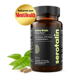 Braune Dose serotalin GENIUS BRAIN mit schwarzem Etikett, grüner Schrift, Men's Health Siegel, Teeblättern und zwei Kapseln.