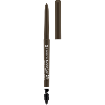 Essence Superlast 24h Augenbrauenstift in Braun mit abgenommener Kappe, integriertem Spitzer und Silikonbürstchen.