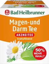 Bad Heilbrunner Magen- und Darm Arzneitee in orange-weißer Verpackung mit Kamille, Pfefferminze und 50% mehr Inhalt Aufdruck.