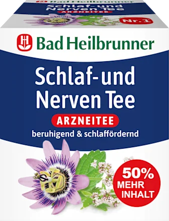 Bad Heilbrunner Schlaf- und Nerven Tee Arzneitee in weiß-blauer Verpackung mit Passionsblume und 50% mehr Inhalt Aufdruck.
