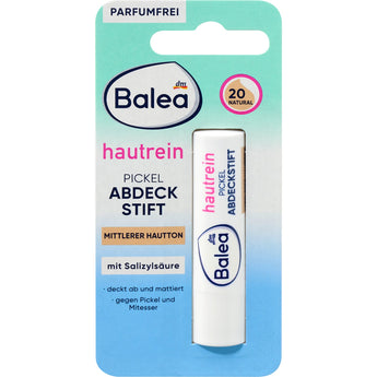 Balea Hautrein Abdeckstift Nr. 20 Natural in weißer Stifthülse auf blau-grüner Blisterverpackung mit Salizylsäure.