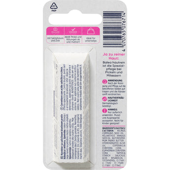 Rückseite der Balea Hautrein Abdeckstift Verpackung mit Produktinformationen, Inhaltsstoffen und Strichcode auf weißem Karton.