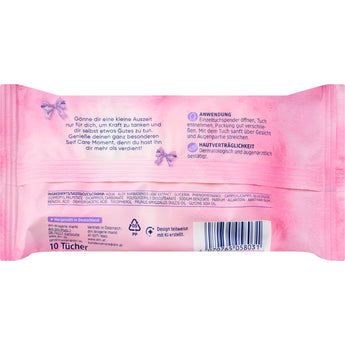 Rückseite der rosa Balea Abschminktücher-Packung mit Anwendungshinweisen, Inhaltsstoffen und Barcode.