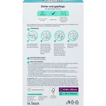 Rückseite der Balea Achselpads Verpackung mit Anwendungshinweisen, Piktogrammen und Größenangabe L (90 x 145 mm).