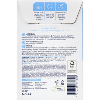 Rückseite der Balea Anti-Pickel Patches Verpackung mit Anwendungshinweisen, Inhaltsstoffen und Symbolen auf weißem Karton.