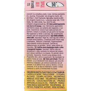 Rückseite der Balea Anti-Wundreibstick Tropical Dream Verpackung mit Anwendungshinweisen und Inhaltsstoffen auf rosa Hintergrund.