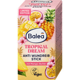 Balea Anti-Wundreibstick Tropical Dream in einer rosa Verpackung mit tropischen Früchten wie Ananas und Mango.