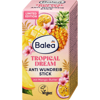 Balea Anti-Wundreibstick Tropical Dream in einer rosa Verpackung mit tropischen Früchten wie Ananas und Mango.