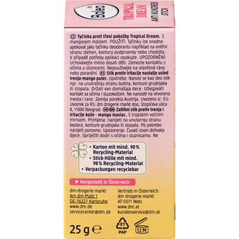 Rückseite der Balea Anti-Wundreibstick Tropical Dream Verpackung mit Anwendungshinweisen und Recycling-Informationen.