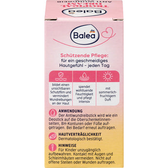 Rosa Balea Anti-Wundreibstick Tropical Dream Verpackung mit Produktinformationen und Anwendungshinweisen auf Deutsch.