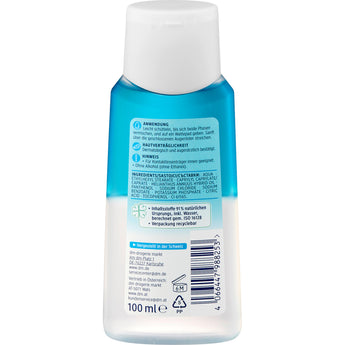 Rückseite der Balea 2-Phasen Augen-Make-up Entferner Flasche (100 ml) mit Inhaltsstoffen und Anwendungshinweisen.