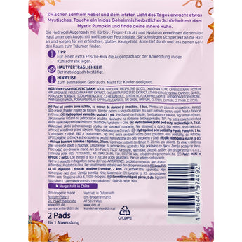 Rückseite der Balea Mystic Pumpkin Hydrogel-Augenpads mit Kürbis-Design, Anwendungshinweisen und Inhaltsstoffen auf weißem Grund.