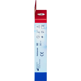 Seitenansicht der Balea Blasenpflaster Ferse Verpackung mit blauen und roten Akzenten sowie medizinischen Symbolen.