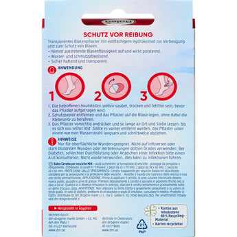 Rückseite der Balea Blasenpflaster Mix Verpackung mit Anwendungshinweisen, Illustrationen und Produktinformationen.