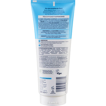 Rückseite der hellblauen 200 ml Balea Beauty Expert Hydration Bodylotion Tube mit Inhaltsstoffen und Anwendungshinweisen.