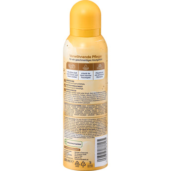 Rückseite der Balea Bodylotion Mousse Beautiful Dreams 200 ml Dose mit beigen Details, Inhaltsstoffen und Anwendungshinweisen.