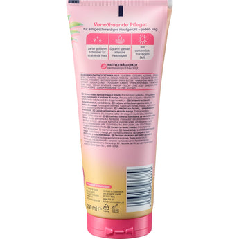 Rückseite der Balea Tropical Dream Schimmer-Bodylotion Tube mit Inhaltsstoffen und Anwendungshinweisen auf 200 ml.