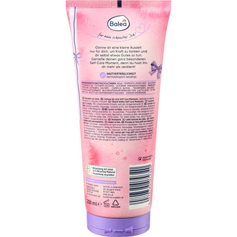 Rückseite der Balea Self Care Moments Bodylotion Tube in Pink mit Produktinformationen, Inhaltsstoffen und 200 ml Füllmenge.