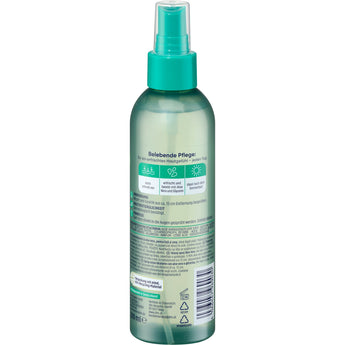 Rückseite der Balea Aloe Vera Bodyspray Flasche mit 200 ml Inhalt, türkisfarbenem Sprühkopf und Anwendungshinweisen.