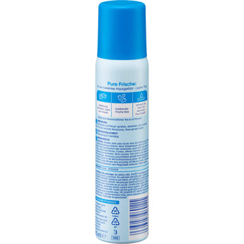 Blaue 75 ml Balea Aqua Wasserspray Dose mit Anwendungshinweisen, Icons für Frische und Feuchtigkeit auf weißem Hintergrund.