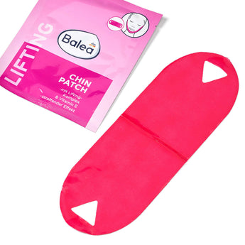 Pinkes Balea Kinn-Patch mit Lifting-Komplex neben der passenden Produktverpackung auf weißem Hintergrund.