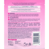 Rückseite der Balea Chin-Patch Lifting Verpackung mit Anwendungshinweisen und Inhaltsstoffen auf pinkem Hintergrund.