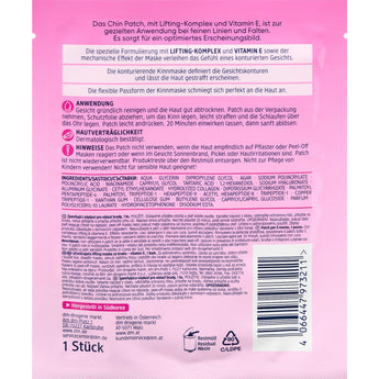 Rückseite der Balea Chin-Patch Lifting Verpackung mit Anwendungshinweisen und Inhaltsstoffen auf pinkem Hintergrund.