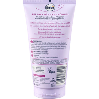 Rückseite der hellvioletten Balea Be You Cleansing Jelly Tube mit 150 ml Inhalt, Anwendungshinweisen und Inhaltsstoffen.