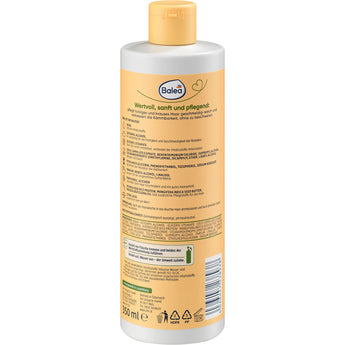Balea Natural Beauty Conditioner Flasche mit gelbem Deckel, 350 ml, Rückseite mit Inhaltsstoffen und Produktinformationen.