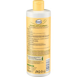 Rückseite der Balea Natural Beauty Spülung mit Avocadoöl und Mangobutter, 350 ml Flasche mit gelbem Klappdeckel.