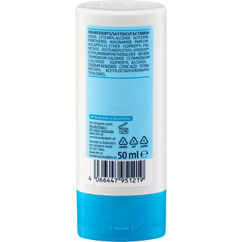 Rückseite der 50 ml Balea Feuchtigkeitsspülung mit Inhaltsstoffen, Barcode und blauen Akzenten auf weißer Flasche.