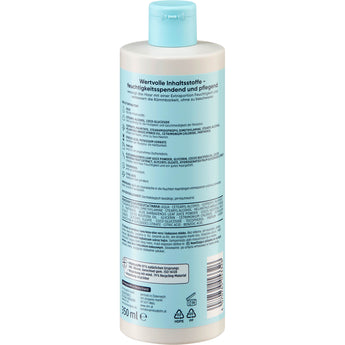 Rückseite der Balea Beauty Essentials Feuchtigkeitsspülung mit 350 ml in hellblauer Flasche mit Inhaltsstoffliste.