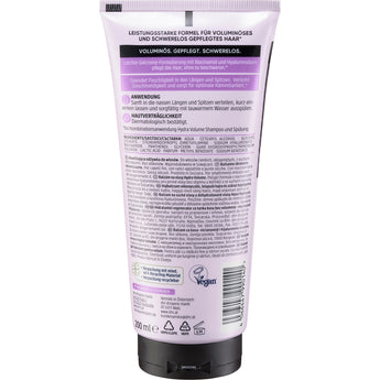 Rückseite der Balea Hydra Volume Spülung 200 ml Tube mit Inhaltsstoffen, Anwendungshinweisen und veganem Logo auf hellem Grund.