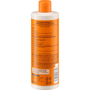 Rückseite der Balea Locken Spülung 350 ml mit orangefarbenem Verschluss, Inhaltsstoffen und Anwendungshinweisen.