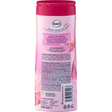Rückseite der Balea Cremedusche Blush Harmony 300 ml Flasche in Pink mit Kirschblüten-Design und Produktinformationen.