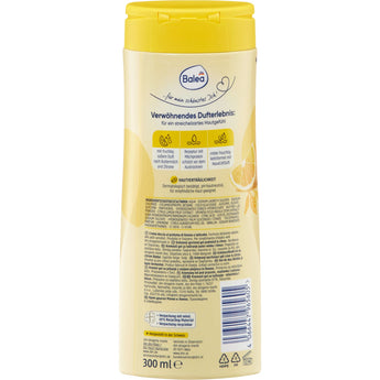 Rückseite der gelben 300 ml Balea Cremedusche Buttermilch & Zitrone mit Inhaltsstoffen und Anwendungshinweisen.