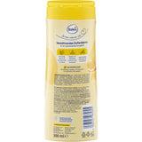 Rückseite der gelben 300 ml Balea Cremedusche Buttermilch & Zitrone mit Inhaltsstoffen und Anwendungshinweisen.