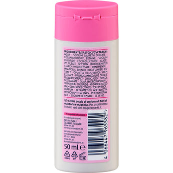Rückseite der Balea Cremedusche Reisegröße 50 ml mit Inhaltsstoffen, Barcode und pinkem Klappdeckel auf weißer Flasche.