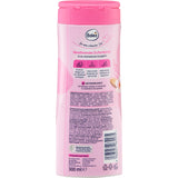 Rückseite der 300 ml Balea Cremedusche Mandelblüte & Magnolie mit Inhaltsstoffen, Anwendungshinweisen und rosa Design.