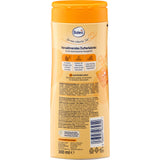 Rückseite einer 300 ml Balea Cremedusche Milch & Honig Flasche mit gelbem Verschluss, Inhaltsstoffen und Produktinformationen.