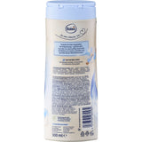 Rückseite der Balea Cremedusche Pure Softness 300 ml mit Inhaltsstoffen, Barcode und hellblauem Blumendesign.