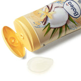 Balea Cremedusche Vanille & Kokos 300ml Flasche mit offenem gelben Deckel und einem Klecks cremiger Duschgel-Textur.