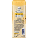 Rückseite der Balea Cremedusche Vanille & Kokos 300 ml mit Inhaltsstoffen, Produktmerkmalen und gelbem Klappdeckel.