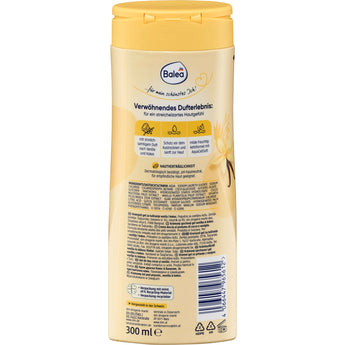 Rückseite der Balea Cremedusche Vanille & Kokos 300 ml mit Inhaltsstoffen, Produktmerkmalen und gelbem Klappdeckel.