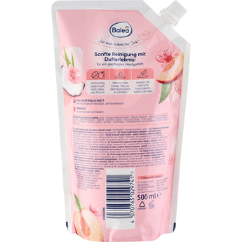 Balea Pfirsich & Kokos Cremeseife Nachfüllbeutel 500 ml mit rosa Design, Produktinformationen und Inhaltsstoffen.